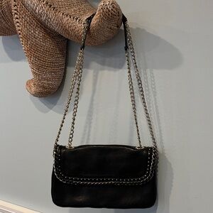 Black leather Chain Shoulder Bag with adjustable strap- crossbody
